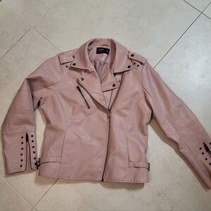 Pink Faux Leather Moto Biker Jacket with Stud Accents Edgy Modern Chic